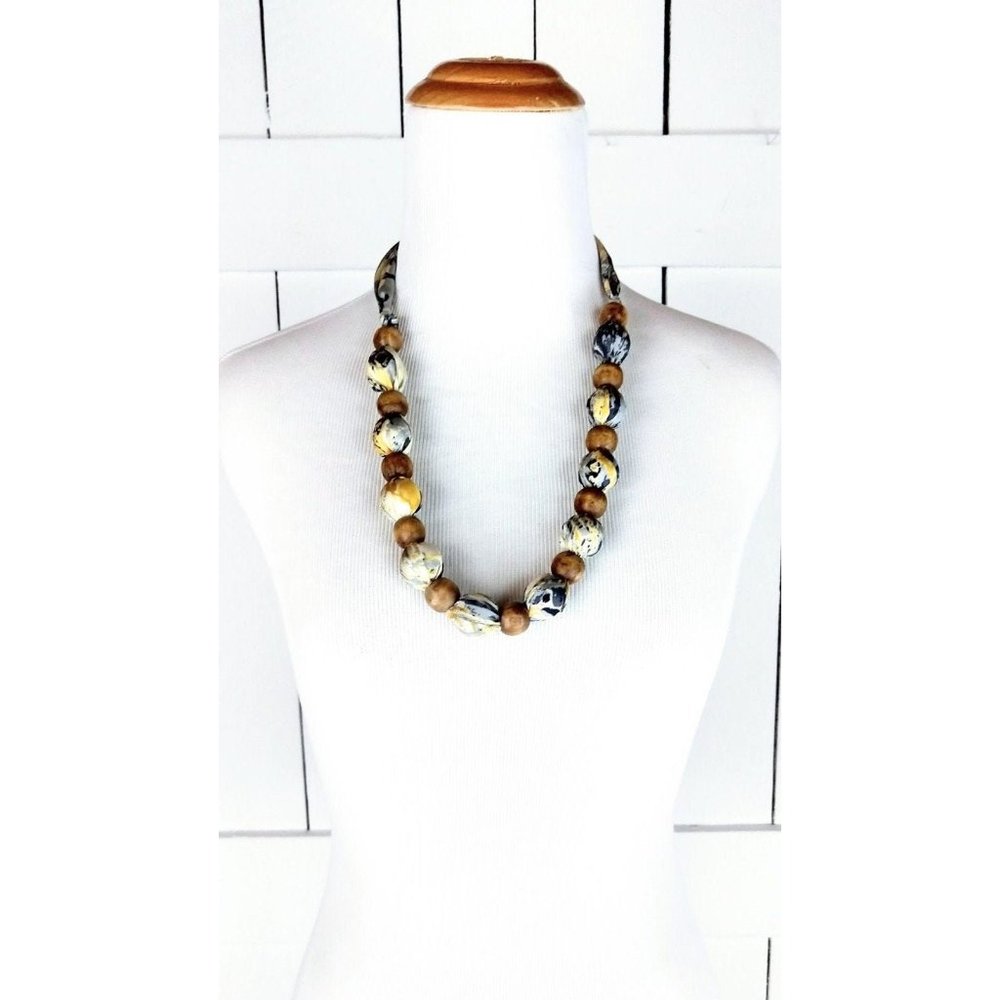 Vintage Wooden Bead Tie Necklace/Wooden Bead Fabric Belt